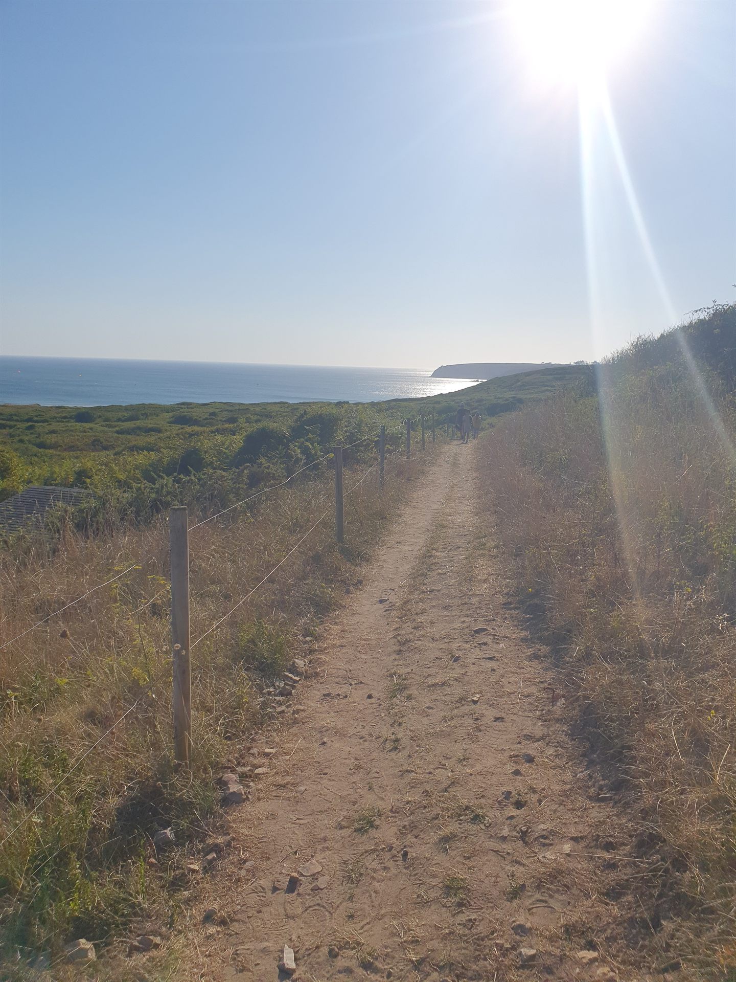 Sentier descendant vers la mer au coucher du soleil, près de Kersiguenou